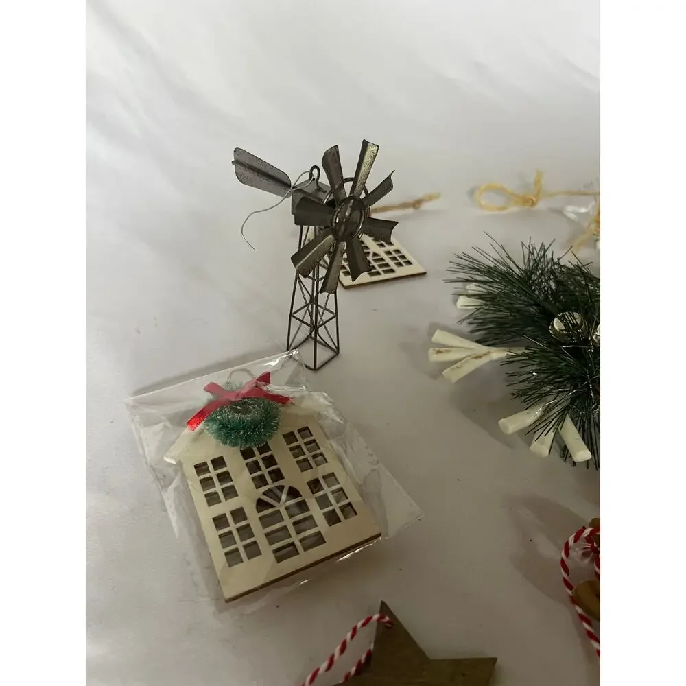 Christmas Ornament Lot Farmhouse Glass Pencil Metal Windmill Wood Stars Wreath